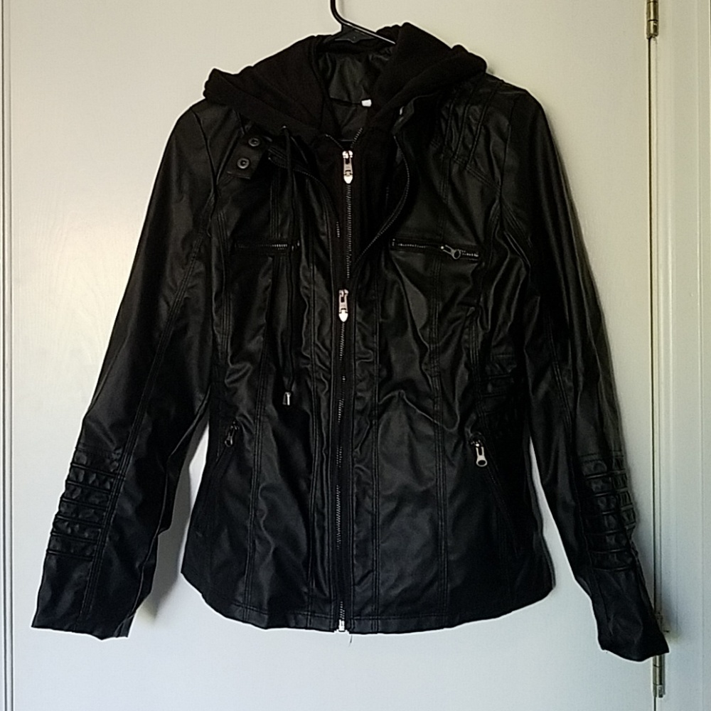 Black Hooded Faux Leather Jacket - fits like Large